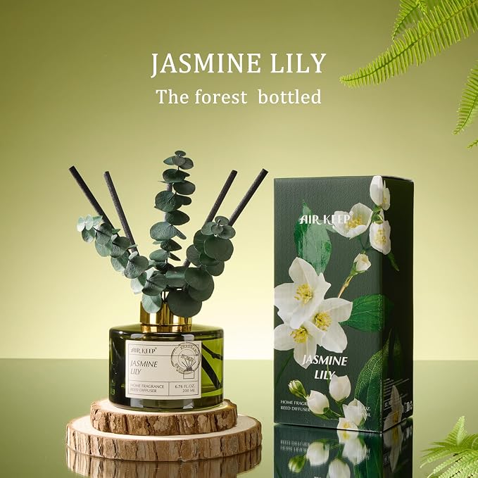Airkeep Reed Diffuser Set with 6.76 fl oz Jasmine Lily Scent Essential Oils and 3 Leaves & 8 Diffuser Sticks,Bathroom Shelf Decor & Air Freshener, House Bedroom Office Decor & Gifts