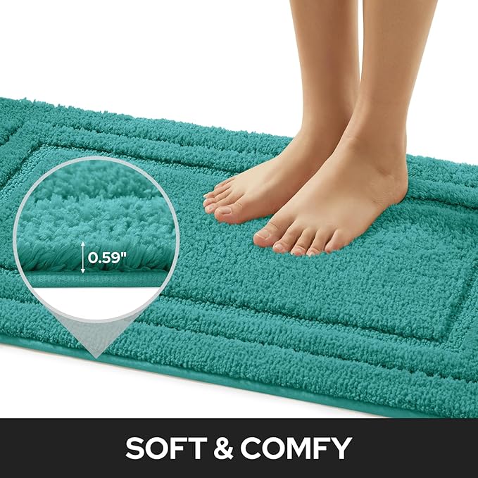 HOMEIDEAS Bathroom Rugs Sets 2 Piece, Super Soft and Absorbent Non Slip Microfiber Machine Washable Bath Mat Set (20" x 32" + 16" x 24", Teal)