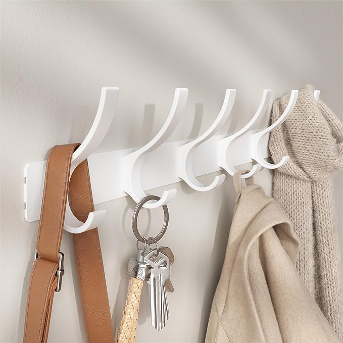 Optish Coat Rack Wall Mount, Coat Hook Wall Mount, Wall Hooks for Hanging, Hat Rack for Walls, Coats Hanger with 12 Hook, Towel Hooks for Bathrooms (2 Pack, White)