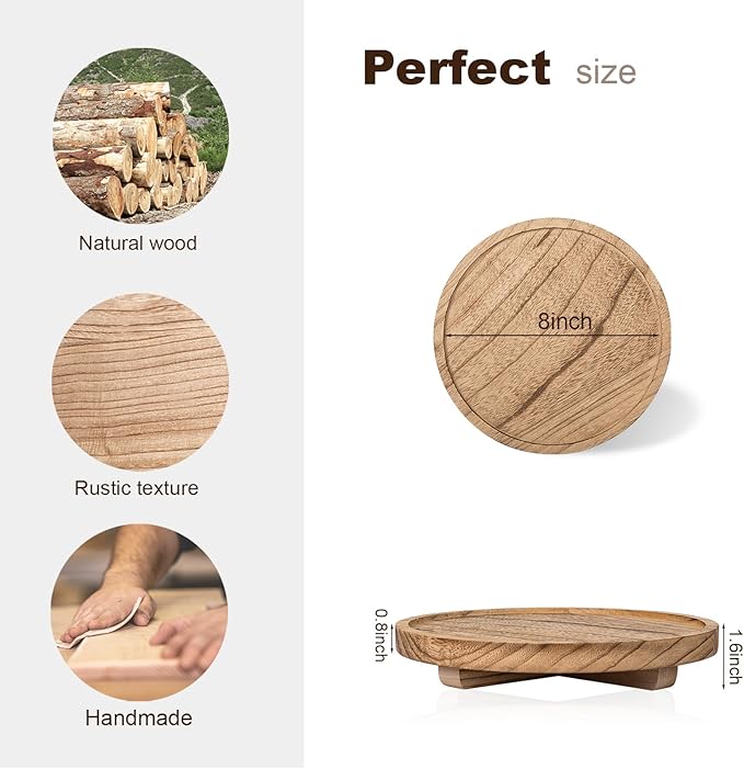 Round Decorative Tray Wood Bathroom Counter Organizer Farmhouse Kitchen Decor Wooden Riser for Soap Dish, Perfume, Candle, Sponge, 8" - Brown