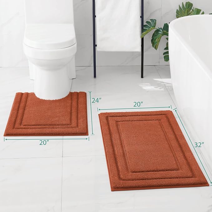 HOMEIDEAS Bathroom Rugs Sets 2 Piece, Super Soft and Absorbent Non Slip Microfiber U-Shaped Toilet Bath Mat Set (20"x32"+U20 x24, Burnt Orange)