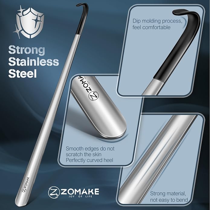 ZOMAKE Shoe Horn Long Handle for Seniors Men Women,Metal Long Shoehorn Boot Horn,16.5" Stainless Steel Shoe Spoon Helper
