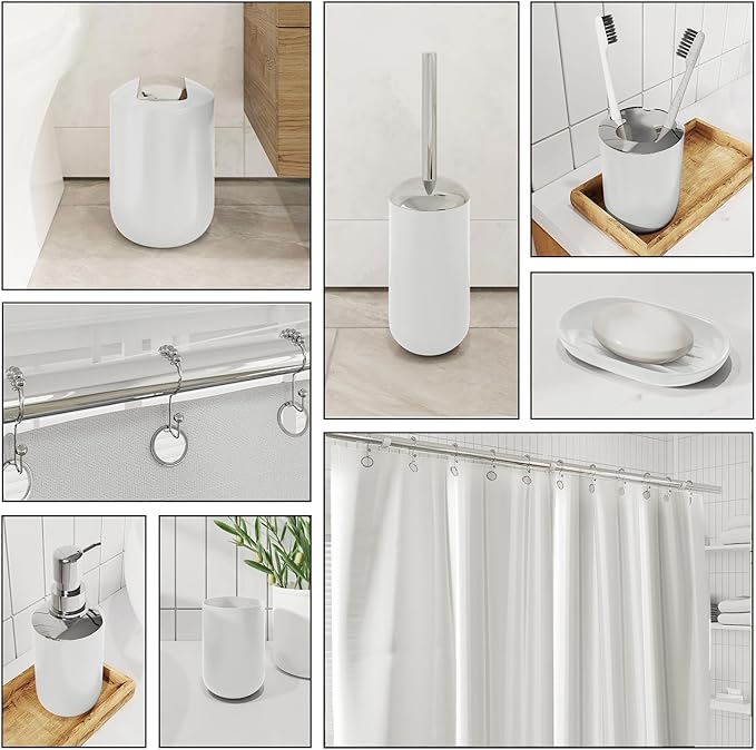 Clara Clark Bathroom Accessories Set - Bathroom Set with Adhesive Corner Shower Caddy Hanging, 25PC Bathroom Accessory Set, White Shower Curtain Set, Toilet Brush, Trash Can & Soap Dispenser