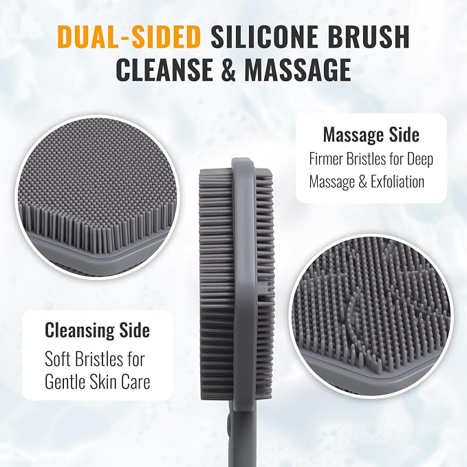 AIMAIAIMAI Silicone Back Scrubber for Shower – 21in Extendable Shower Brush with Long Handle – Dual-Sided Back Brush with Non-Slip Grip, Gentle Cleansing & Exfoliation for Men, Women, Elderly (Gray)