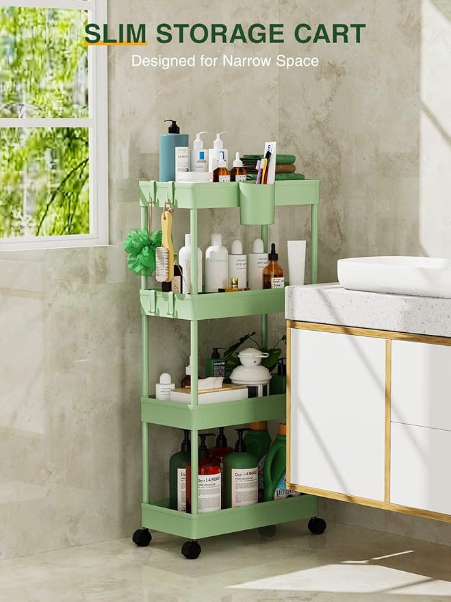 LEHOM Slim Rolling Storage Cart - 4 Tiers Bathroom Organizer Utility Cart Slide Out Storage Shelves Mobile Shelving Unit for Kitchen, Bedroom, Office, Laundry Room, Small Narrow Spaces（7.1" W+Green）