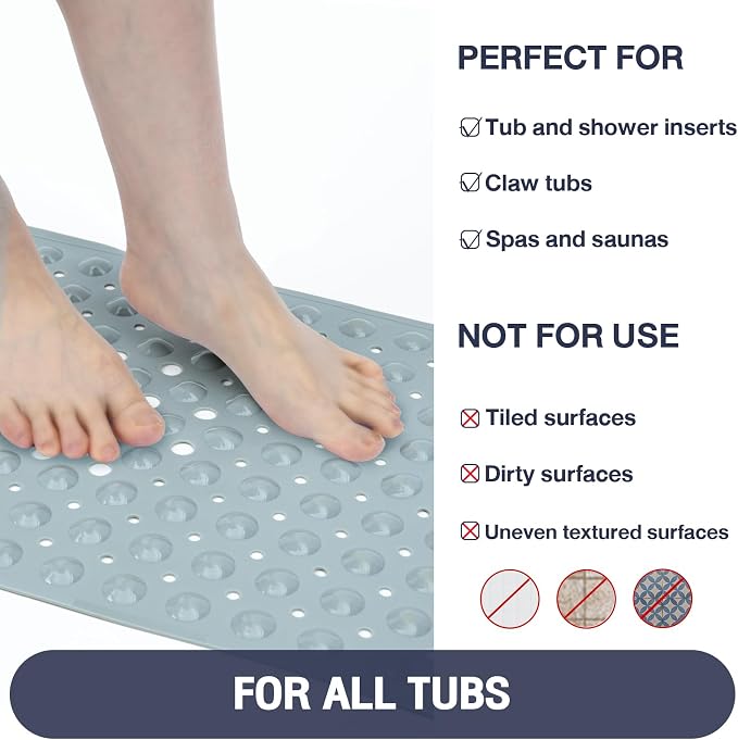 Extra Long Bathtub Mat Non Slip, Mint Green Soft Bath Mat for Tub 40 x 16 Inch Full Size, Bath Tub Shower Mats for Bathroom Floor, Big Suction Cups and Drain Holes, Easy Washable, BPA Free