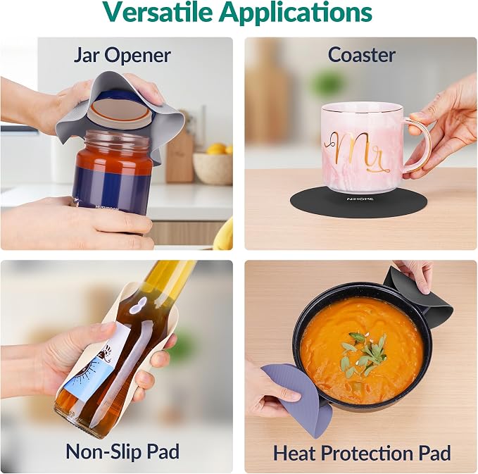NIHOME Silicone Jar Opener – 6 Inch Large Anti-Slip Grip Pads, Premium 100% Food-Grade Silicone, Stylish Designer Colors, Multi-Purpose Heat-Resistant Mat & Coaster, Set of 4