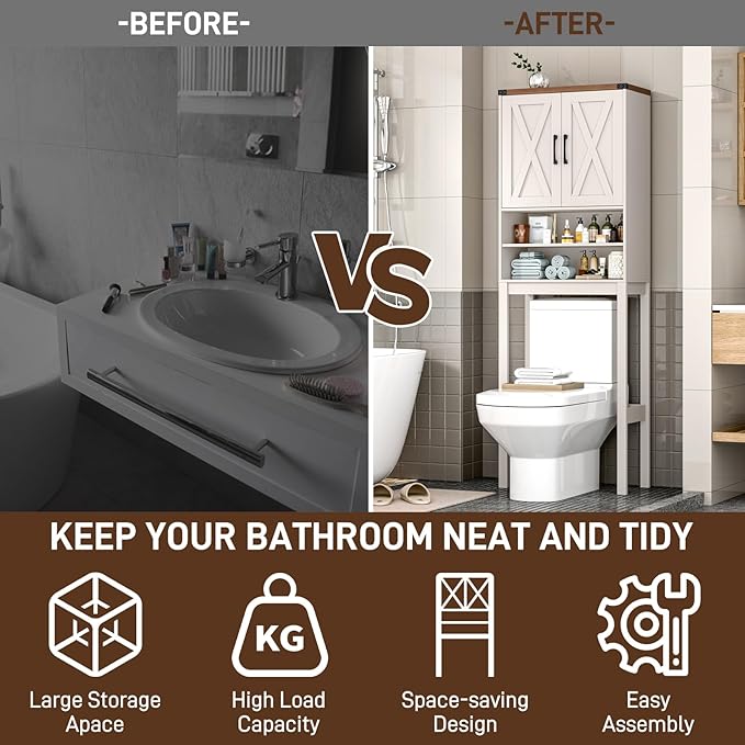 Vabches Over The Toilet Storage Cabinet, Bathroom Organizer with 2 Barn Doors, Farmhouse Space-Saving Toilet Rack with Adjustable Shelf,for Bathroom, Toilet, Laundry Room
