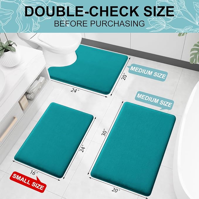 Smiry Memory Foam Bath Mat 24x16, Extra Soft and Absorbent Bathroom Mats, Non Slip Washable Carpet for Floor, Shower and Tub, Teal