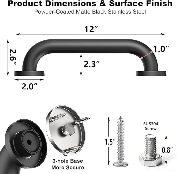 12" Stair Handrail, Wall-Mounted Safety Grab Bar for Indoor & Outdoor Steps