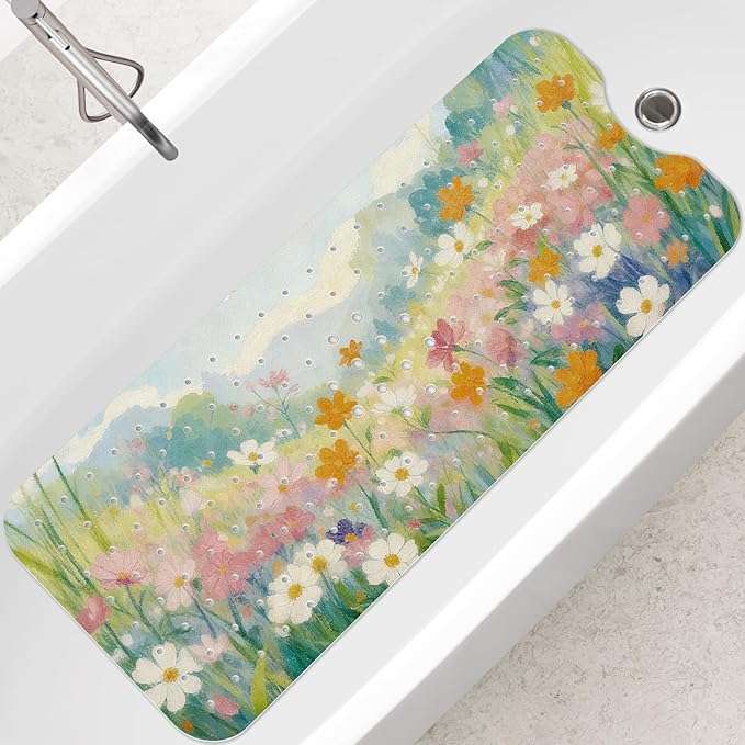 SHUCHING Colorful Flower Bath Mat for Tub Non Slip-40 X 16Inch, Bathtub Mat Anti Slip for Women, Extra Long Shower Mat for Bathroom Mold Free, Machine Washable