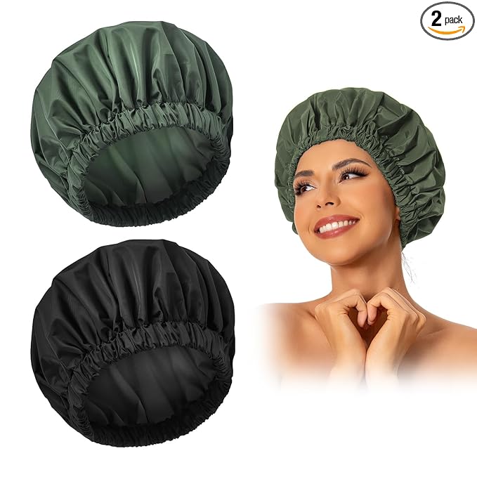Reusable Shower Cap for Women, Large Waterproof Shower Bonnet Washable Elastic Band Bath Accessories Hair Hat for Long Hair, Braids(Black&Green)