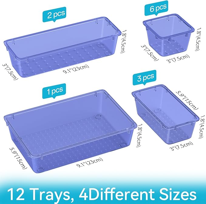 ElegantArray 12 PCS Drawer Organizer Set, 4 Sizes Tool Storage Trays, Clear Plastic Makeup Vanity Organizer and Storage Bins for Stationeries, Multiple Gadgets for Office, Bedroom, Navy Blue
