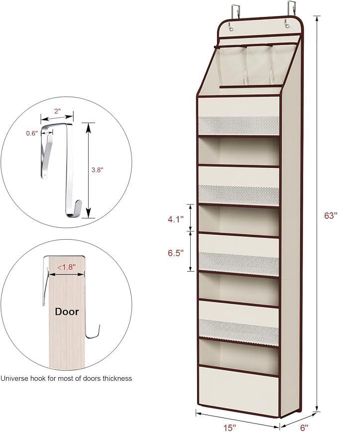 Univivi 6-Shelf Over Door Hanging Organizer Fabric Baby Door Storage with 5 Large Pockets and 3 Small PVC Pockets Wall Mount Hanging Storage Organizers for Baby Essential (Beige)