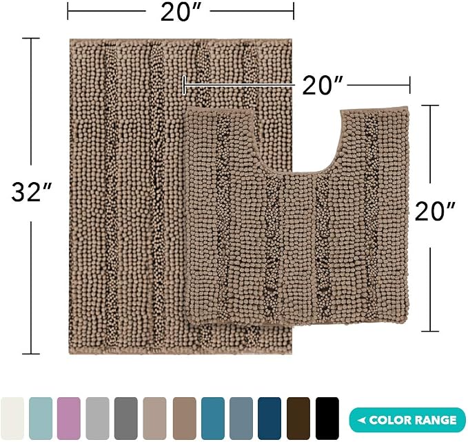 Turquoize Chenille Bath Rugs Shaggy Bathroom Rugs Non Slip Bath Rugs for Bathroom 20 x 32 and 20 x 20U Taupe Brown Bath Rug Extra Soft and Absorbent Area Rug, (20" x 32" and 20" x 20"U), Taupe Brown