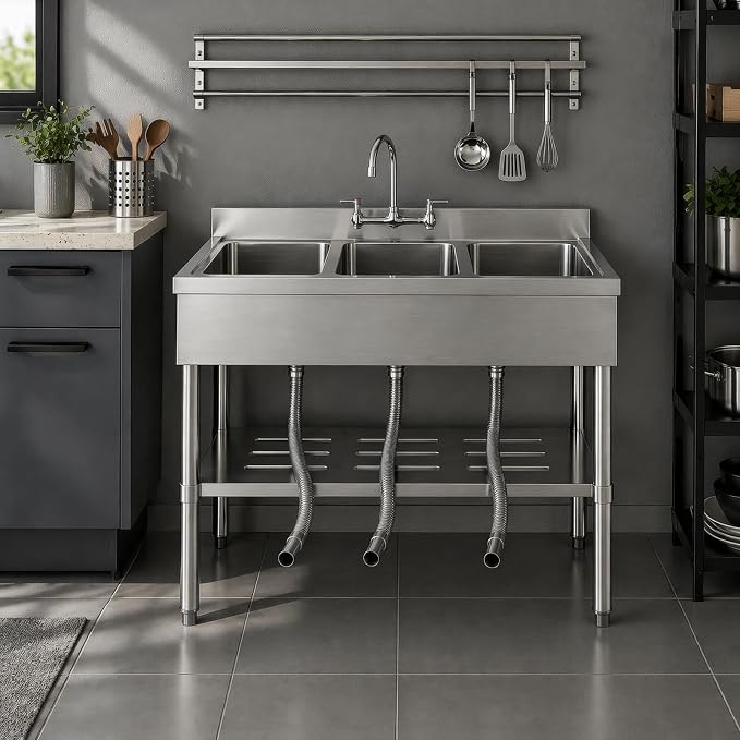 Stainless Steel Utility Sink, 39 x 19 x 33 Inch Freestanding Single Bowl Laundry Sink With Workbench Top, Deep Basin for Garage, Basement, Laundry Room, Faucet-Ready Design
