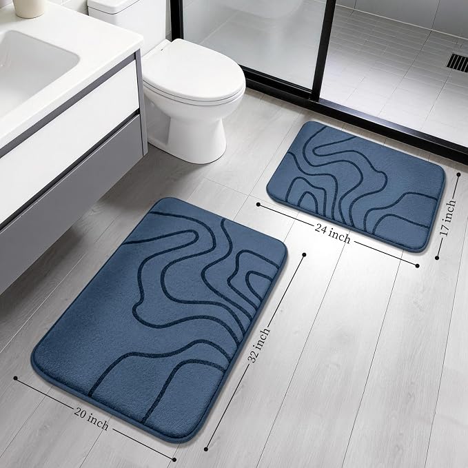 YIHOUSE Memory Foam Bathroom Rugs Sets 2 Piece - Extra Thick Ultra Soft Absorbent Bath Mat Set, Non-Slip Machine Washable Bath Rugs for Bathroom, Tub & Shower, Home Decor (32"x20"+24"x17", Dusty Blue)