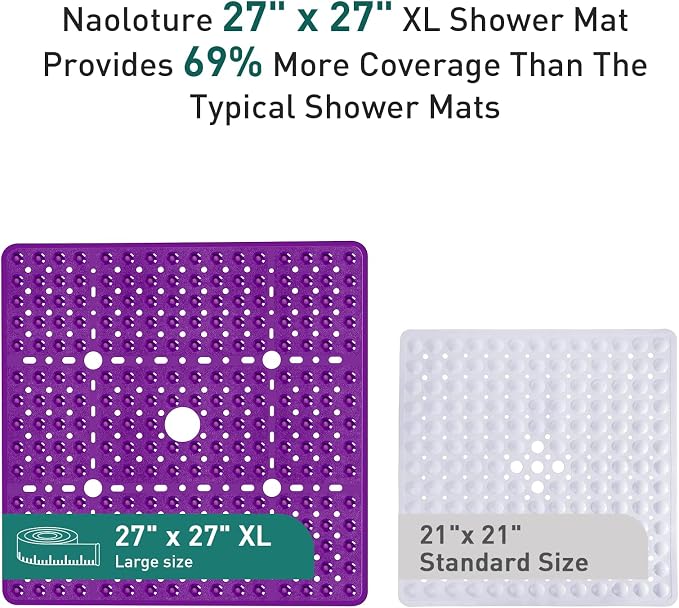 Large Square Shower Mat 27 x 27 Inch Clear Purple, Non Slip Shower Bathtub Mats for Inside Shower With Big Suction Cups Drain Holes, Anti Slip Bathroom Floor Stall Mats, Easy Clean, BPA-Free