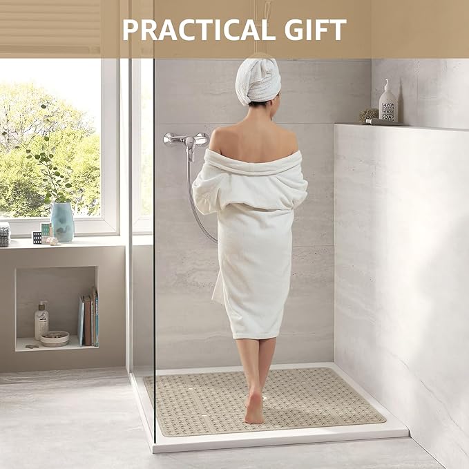 OTHWAY Square Shower Mat, 27"x 27" Extra Large Shower Mats for Inside Shower, TPE Anti Slip Shower Mat with Suction Cups Drain Holes, Machine Washable Shower Floor Mat (Brown)