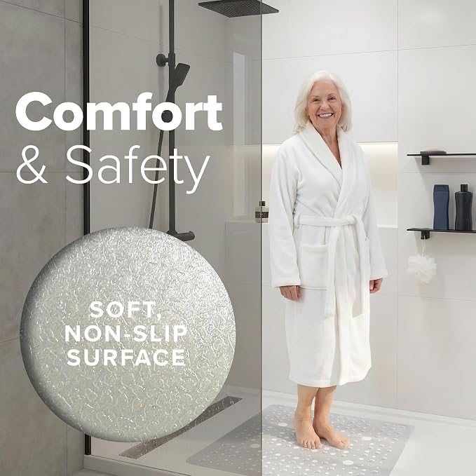 SlipX Solutions 27" Oversize Square Shower Mat, Non-Slip Mat for Elderly & Kids, 100+ Power Grip Suction Cups for Smooth Surfaces, Machine Washable, White Pearl
