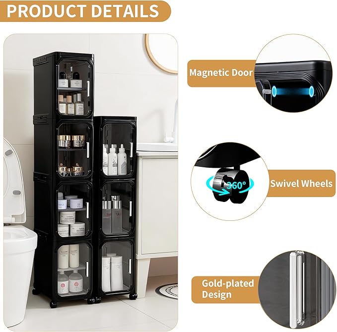 3-Tier Tall Narrow Storage Cabinet, Slim Bathroom Storage Cabinet with Adjustable Shelves and Wheels, Narrow Organizer for Small Space, Bathroom, Kitchen, Laundry, Black