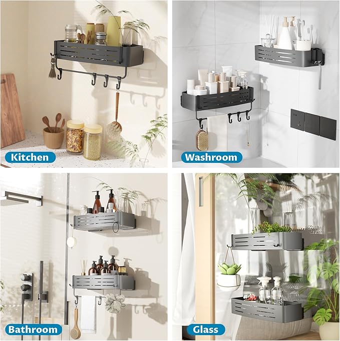 Onemake Shower Caddies Suction Cup, 2-Pack Removable Bathroom Shelf, Shower Organizer with Portable Hooks, Shower Caddy Corner Waterproof Holder with Towel Bar, Gray