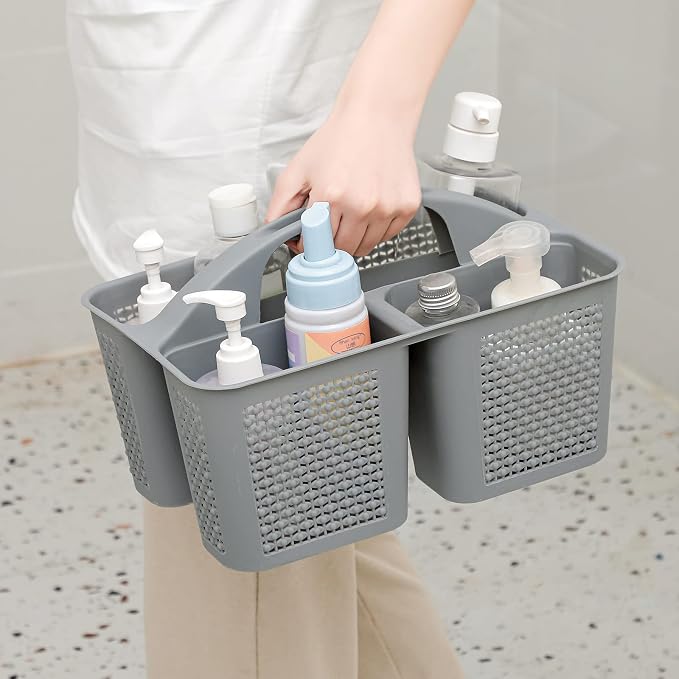 UUJOLY Plastic Portable Shower Caddy Bucket, Cleaning Shower Basket with Handle Compartments Storage Organizer for Bathroom Kitchen College Dorm Sink, Grey