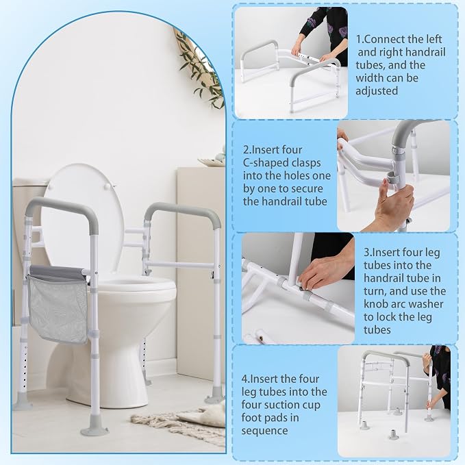 Toilet Safety Rails (300 LB) – Adjustable, Foldable Toilet Handle Frame for Elderly & Disabled Adults, Supports All Toilet Types with Storage Bag