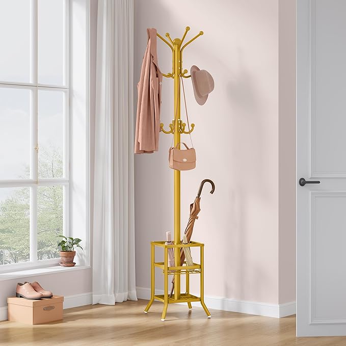 FAVOOSTY Coat Rack Freestanding,Coat Rack Stand with Umbrella Holder,Metal Coat Tree with 12 Hooks,Tree Clothes Hat for Entryway, Hallway, Bedroom, Living Room & Office -Glod