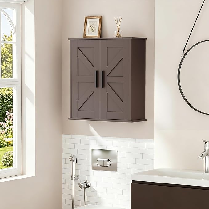 Homleke Bathroom Wall Cabinet, Over Toilet Storage Cabinet with Barn Doors and Adjustable Shelves, 3-Tier Medicine Cabinet Wall Mounted, for Bathroom, Kitchen, Entryway, Laundry Room, Brown, (7.9" D)