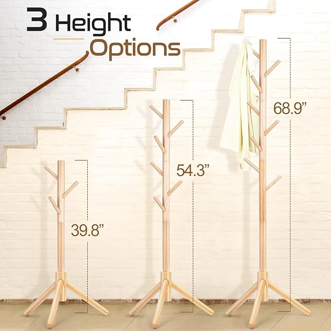 2 PC Wooden Coat Rack Freestanding with 8 Hooks & 3 Adjustable Sizes for Clothes, Space-Saving Design for Bedroom Office Entrance Holds Hats Coats Scarves Bags