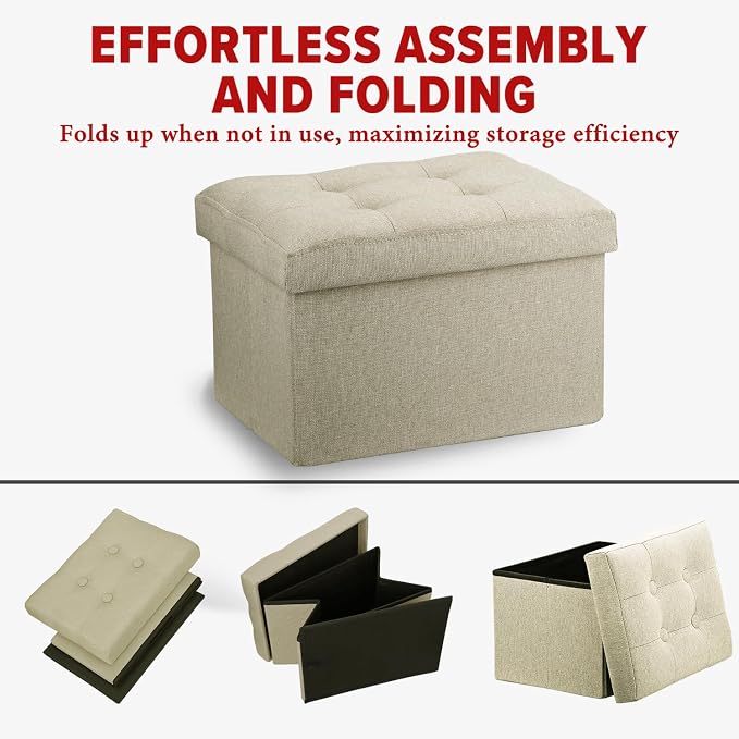 LINMAGCO Ottoman Storage Ottoman with Storage Small Foot Rest Stool Under Desk Stool Short Folding Footrest Linen Cloth Beigh 16X12X12IN