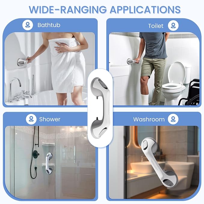 2 Pack 12 Inch Grab Bars for Bathtubs and Showers for Seniors, Heavy Duty Shower Handle for Elderly, Suction Cup Removable Handrails Handicap Bath Grip Bathroom Upgrade Safety Grips (Gray)