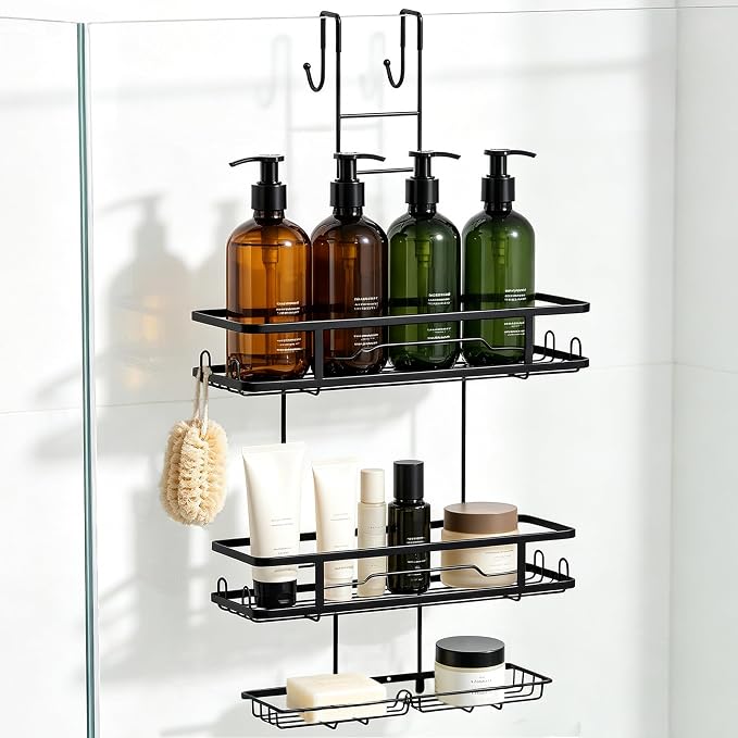 OMAIRA Over The Door Shower Caddy Hanging, 3-Tier Shower Organizer Hanging with 8 Hooks & Soap Holder, Height-Adjustable Rustproof Bathroom Shelf for Shower Door, No Drilling Storage Rack, Black