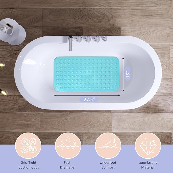 WarmSnow Non Slip Shower Mats for Inside Shower 15 x 27.5 Inch, TPE Bathtub Mat Non-Slip, Bath Mat for Tub with Suction Cups, Drain Holes Bath Tub Mat for Bathroom, Blue