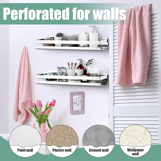 Lallisa 2 Pieces Stainless Steel Shelf Bathroom Shower Floating Shelves Wall Mounted Shower Caddy Basket Shelf Storage Organizer Shelves for Bathroom, Kitchen, Living Room (15.75 Inch/ 40 cm,Shiny)