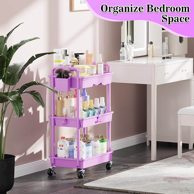 SUNALLY 3 Tier Rolling Cart Organizer with Drawer, Bathroom Storage Carts with Wheels & Plastic Shelf, Mobile Storage Organizers for Kitchen, Office, Laundry Room, Baby, Snack, Craft, Makeup, Purple