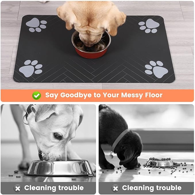 Pet Feeding Mat-Absorbent Pet Placemat for Food and Water Bowl, with Waterproof Rubber Backing, Quick Dry Water Dispenser Mat for Dog and Cat (20"x12", Black)
