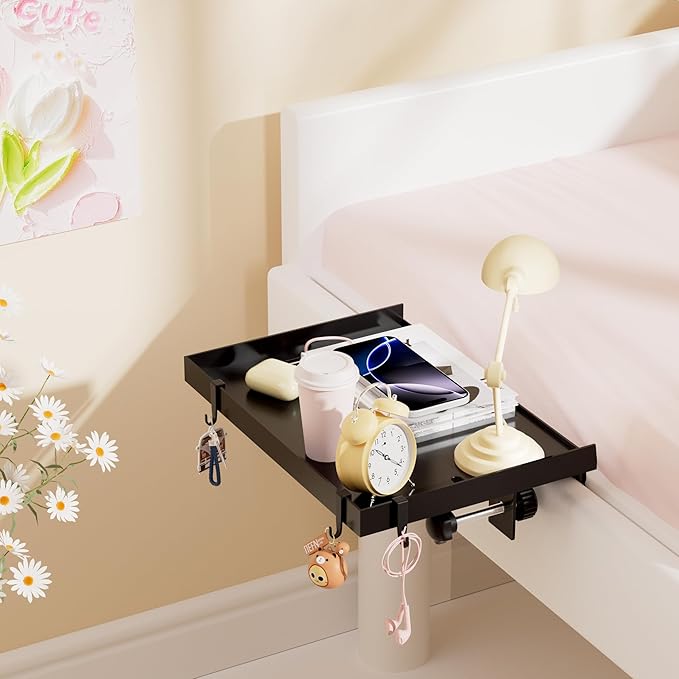 Foldable Bedside Shelf, Metal Clip-On Bed Tray Table for Bunk Bed & Dorm Beds, Dorm Room Essentials Organizer for College Students, Floating Tray, Space Saving Nightstand for Loft Beds (Black, Small)