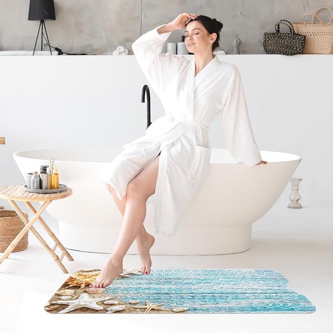Seashells Summer Bath Mat Non Slip, Space Beach Wood 40 X 16 Inch Extra Long Bathtub Shower Mat for Tub Anti Slip with Suction Cups and Drain Holes for Kids Adults Elderly