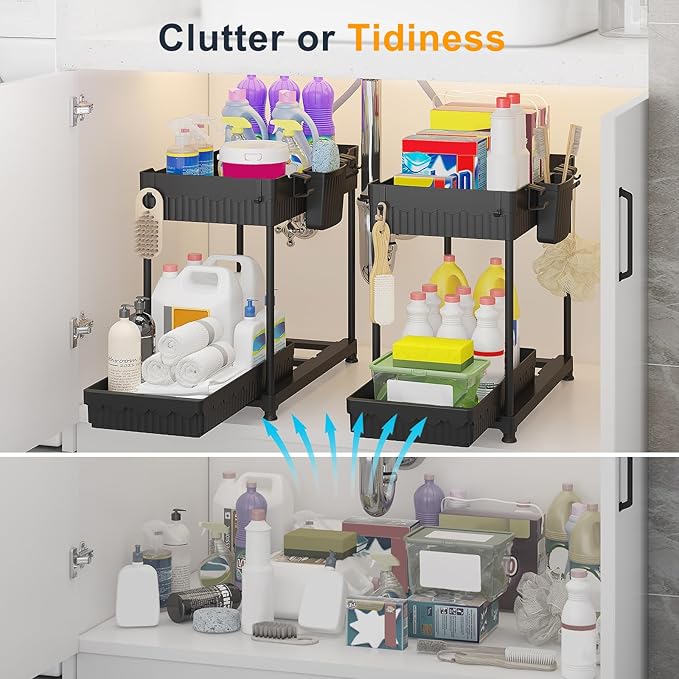 Sevenblue 2 Packs Under Sink Organizer, Height Adjustable 2 Tier Under Kitchen Sink Organizer, Multi-Purpose Storage Shelf for Kitchen Bathroom Cabinet, Deep-Black,12.85 Inches