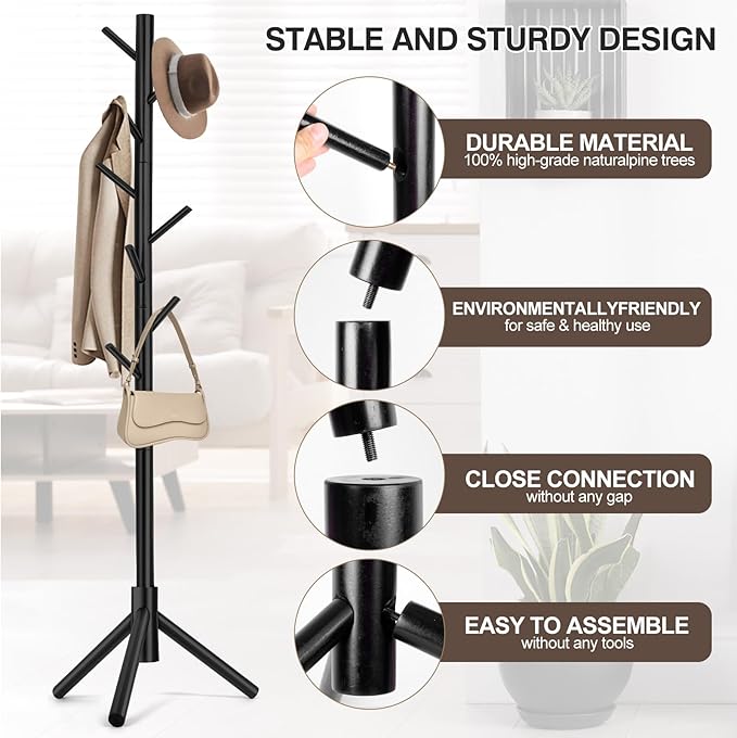 WANGMUXIA 2 PCS Coat Rack, Freestanding Coat Rack with 8 Hooks and 3 Adjustable Size Tree Coat Racks for Bedroom, Hallway, Entrance, Office, for Hats, Coats, Scarves, Handbags
