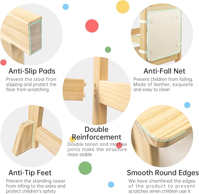 Kitchen Step Stool for Toddlers with Non-Slip Mat, WOOD CITY Wooden Kids Montessori Learning Stool Tower, Toddler Standing Tower Helper for Kitchen Counter and Bathroom Sink (Burlywood-Adjustable)
