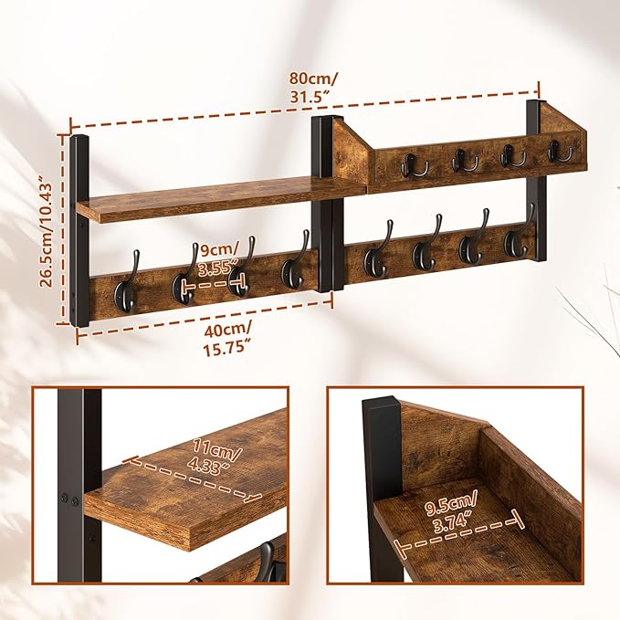 YMYNY 31.5" Coat Rack Wall Mount with Shelf, 4 in 1 Key and Coat Hanger with 12 Metal Hooks, Wall Shelf with Hooks & Mail Holder for Living Room, Bedroom, Rustic Brown, HWS007H-2