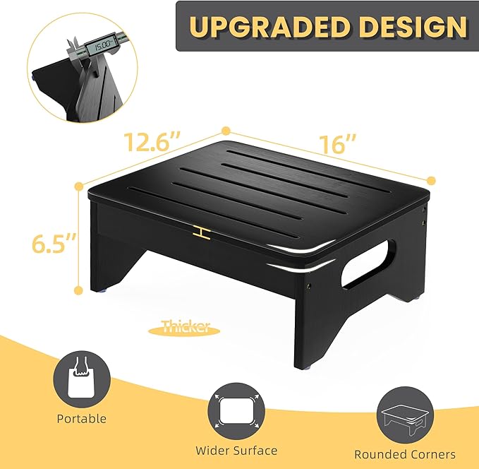 Wooden Step Stool for Adults & Kids, Non-Slip Rubber Feet, 6.5 INCH High, Lightweight Small Step, 450 LBS Capacity, Bed Step Stool for High Bed, Bathroom & Kitchen (Black)