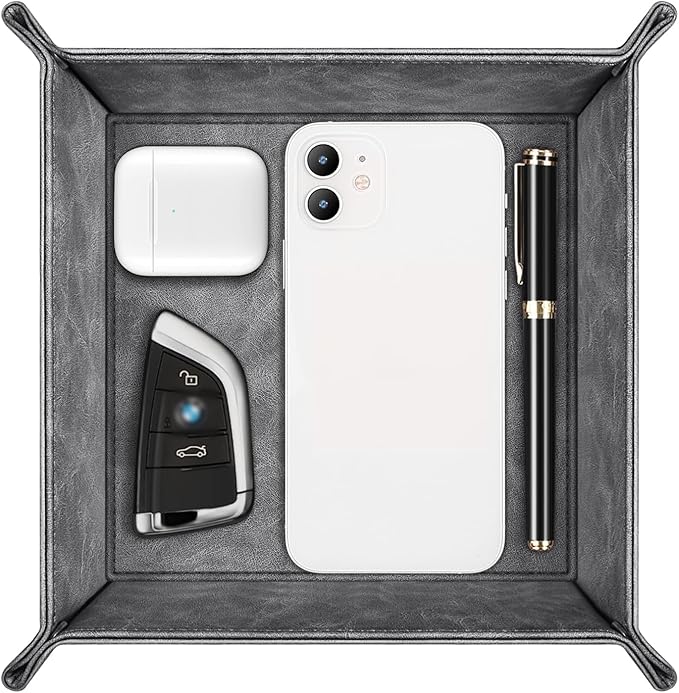 SITHON Valet Tray Desktop Storage Organizer – Premium PU Leather Catchall Bedside Vanity Tray Nightstand Caddy Holder for Remote Controller, Keys, Phone, Wallet, Coin, Jewelry (Gray)
