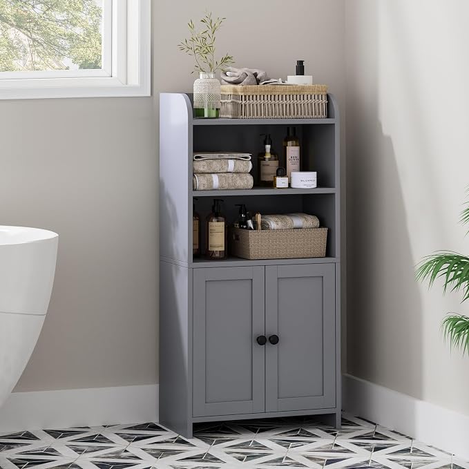 Homhedy Small Bathroom Storage Cabinet, Freestanding Toilet Paper Storage with 2 Doors and Shelves, Bathroom Organizers and Storage for Small Spaces, Laundry Room, 7.9" D x 14.6" W x 31" H, Gray