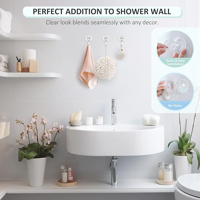 VIS'V Shower Suction Cup Hooks, Removable and Reusable, Clear, Small, 4 Pcs | Clear Invisible Design, Locking Suction Technology, Dual Vacuum Suction, Heavy Duty, Fits for Smooth Flat Surfaces