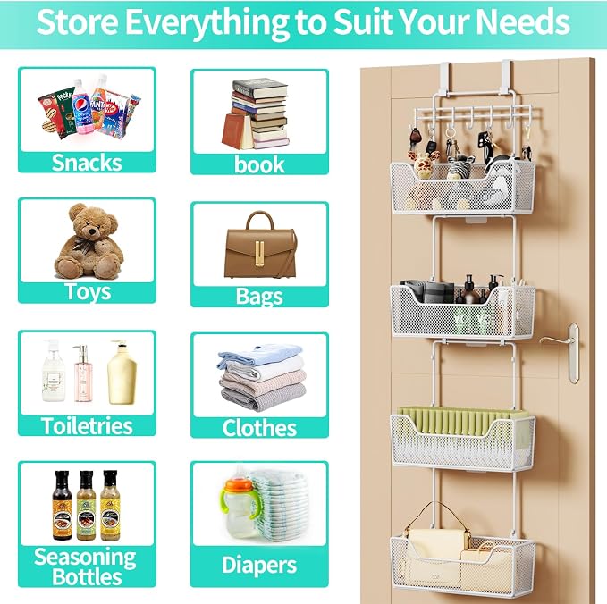 HapiRm Over Door Organizer Storage - Hanging Door Organizer with 4 Metal Large Capacity Baskets and Adjustable Coat Hook for Bathroom Bedroom Kitchen Pantry Closet Cabinet