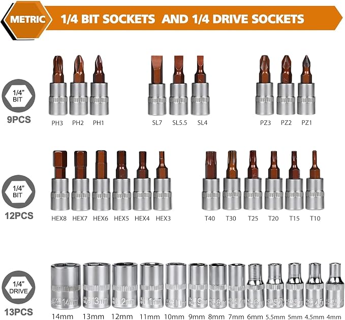 Egofine 46 Pieces 1/4 inch Drive Socket Ratchet Wrench Set, with 72-Teeth Ratchet Wrench, S2 Bit Socket Set, Extension for Auto Repairing and Household, with Storage Case